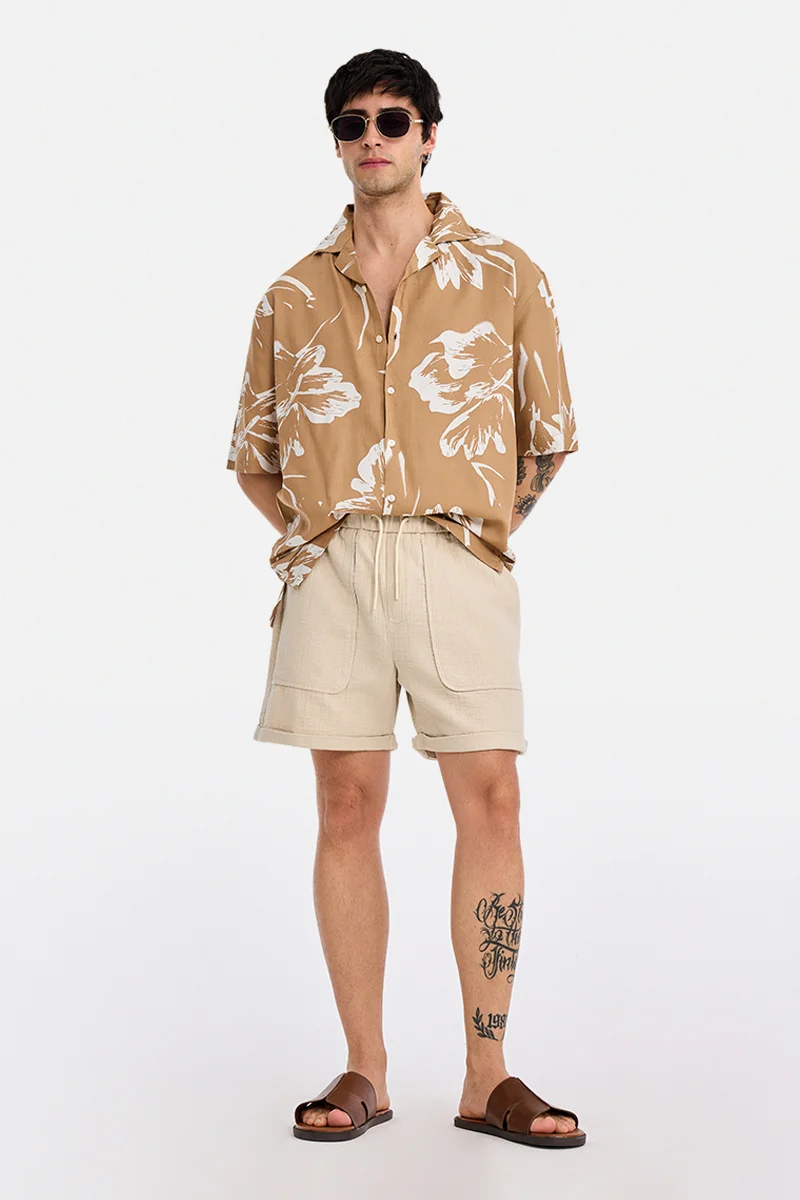 SNITCH Cream Textured Relaxed Casual Shorts