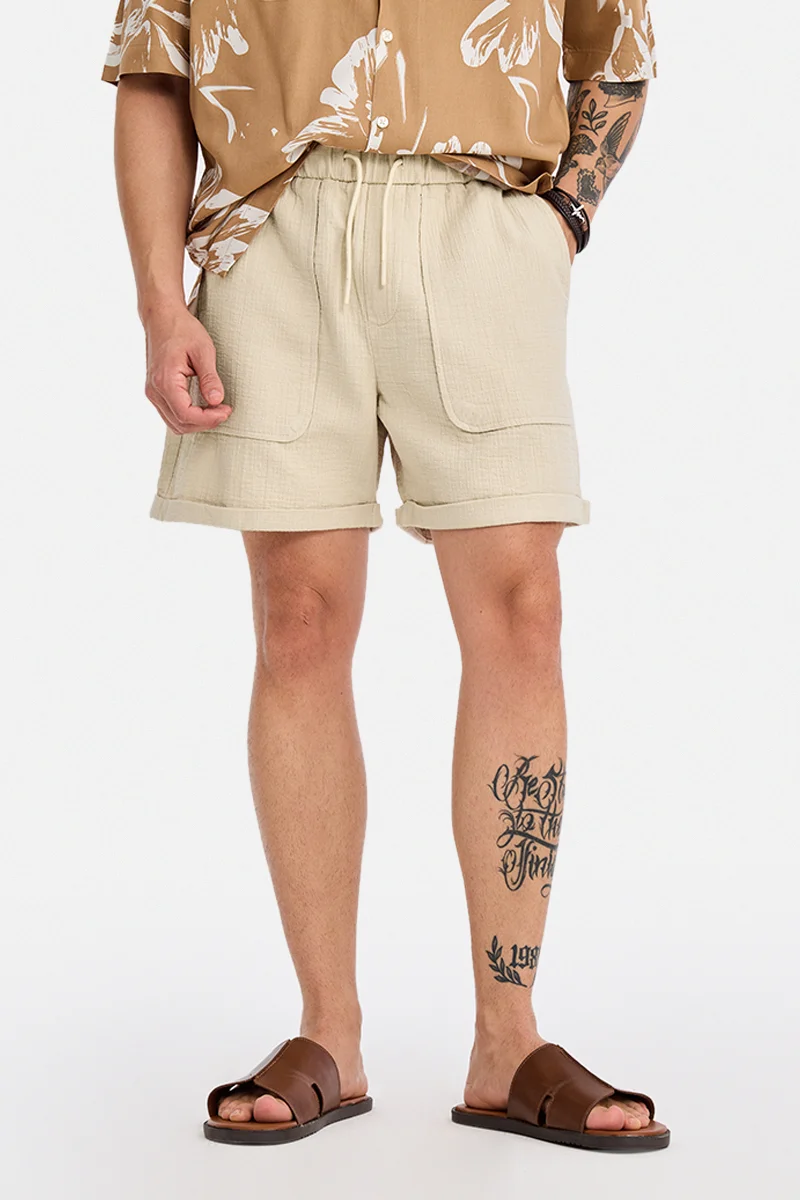 SNITCH Cream Textured Relaxed Casual Shorts