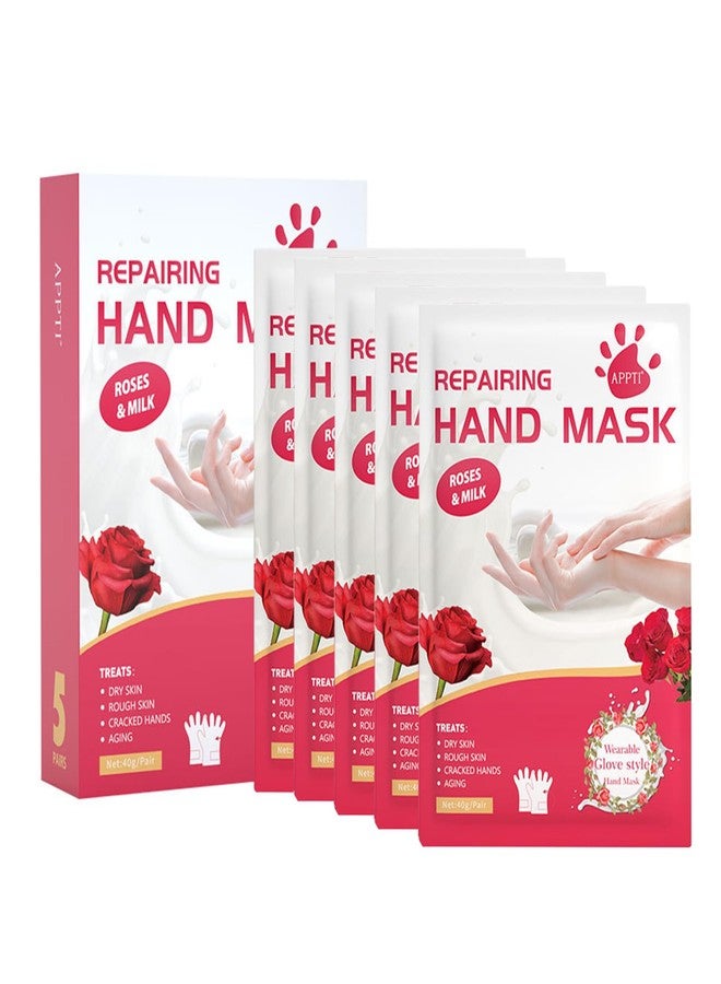 Joyeee Hand Mask Gloves for Dry Hands, 5 Pairs Hand Repair Mask Gloves Disposable with Milk and Rose Extracts, Deep Exfoliating Gloves for Cracked Hands Repair and Instant Moisturization - Image 1