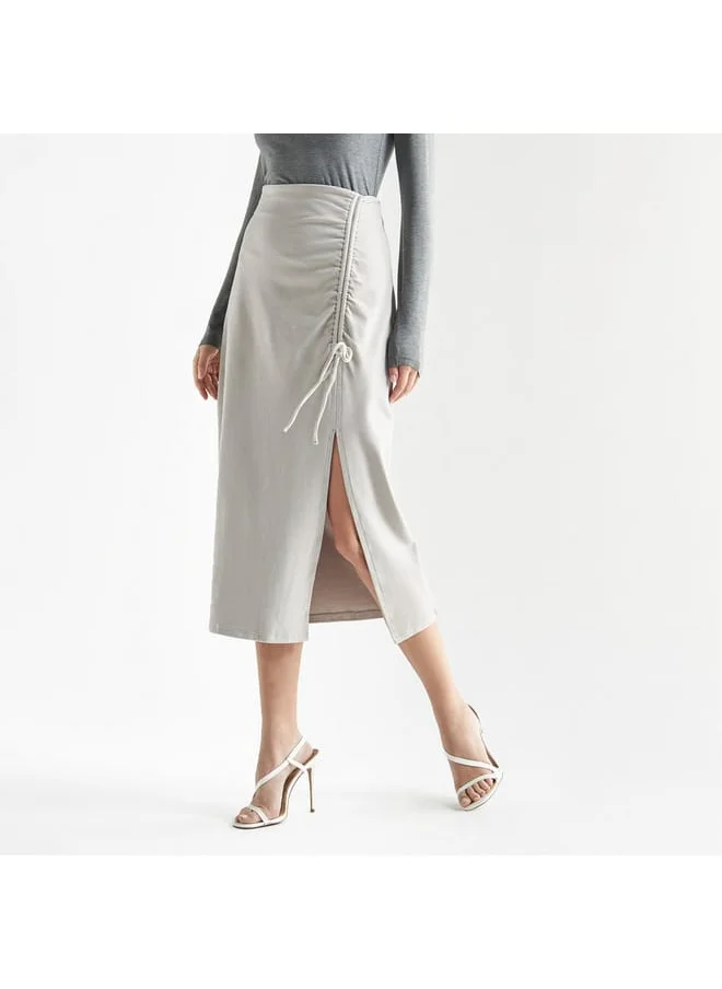 FAV Solid Midi Skirt with Ruched Detail and Slit