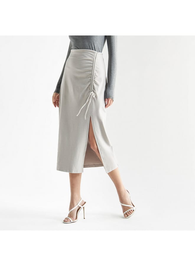 Splash FAV Solid Midi Skirt with Ruched Detail and Slit  - Image 1