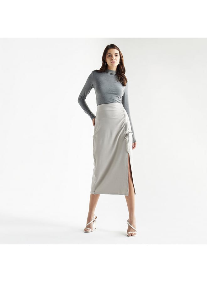 Splash FAV Solid Midi Skirt with Ruched Detail and Slit  - Image 2
