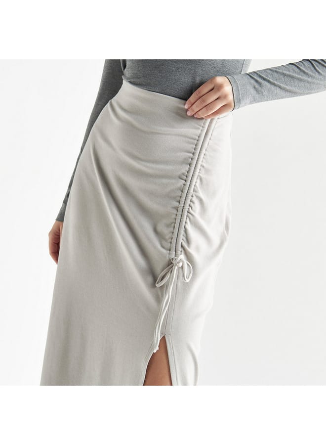 Splash FAV Solid Midi Skirt with Ruched Detail and Slit  - Image 4