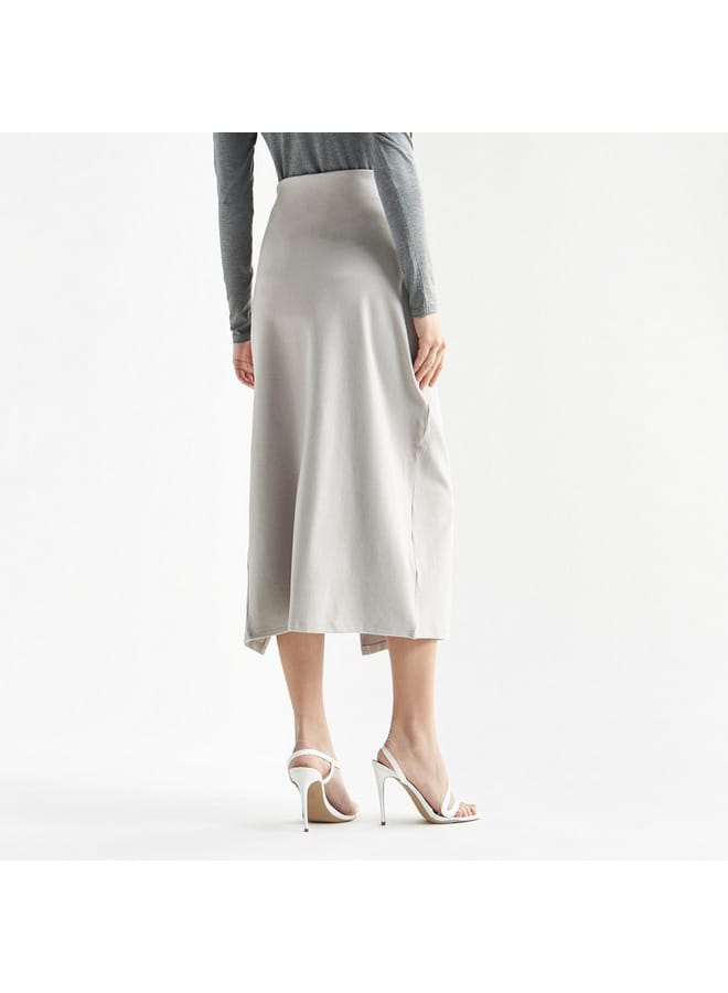 Splash FAV Solid Midi Skirt with Ruched Detail and Slit  - Image 3
