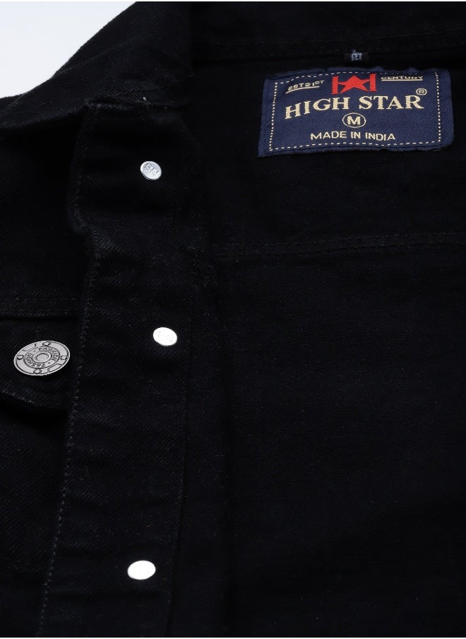 HIGH STAR - Men Black Solid Denim Jacket - Image 1