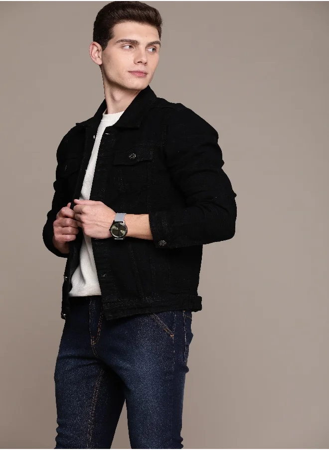 HIGH STAR Men Black Solid Denim Jacket
