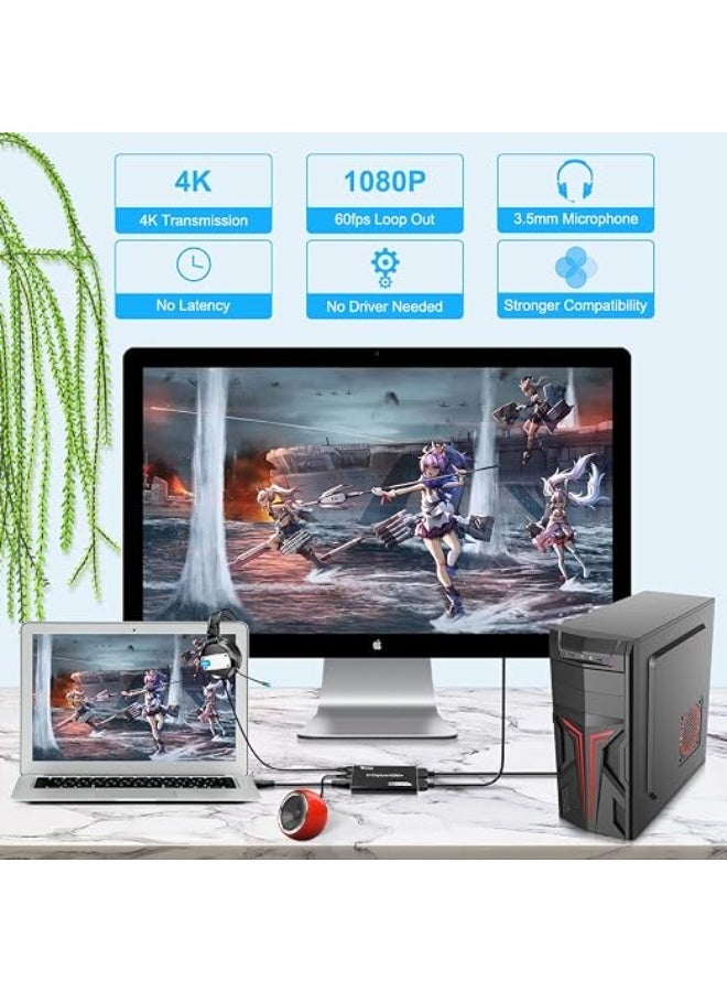 This HDMI video capture card supports audio input, 4K resolution with 1080P recording, a USB 3.0 port, and signal pass-through for live streaming, video recording, and content creation. - Image 3