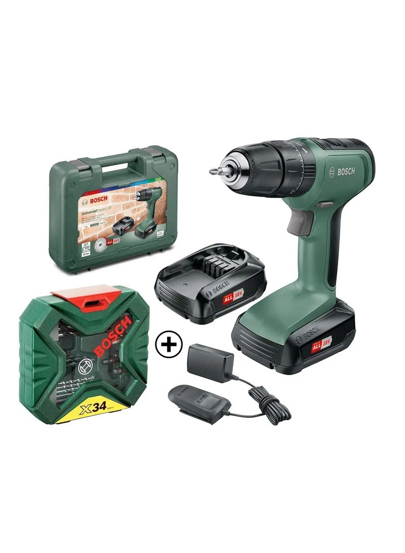 Bosch Cordless Universal Impact 18 Combi Drill (18 V) + X-Line Classic Drill & Screwdriver Bit Set - Image 1