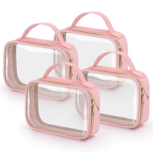 Wedama TSA Approved Toiletry Bag, 4 Pack Clear Makeup Bags with Handles, Quart Size Toiletry Bags, PVC Clear Cosmetic Bags for Women and Men, Carry on Airport Airline Compliant Bag, Pink - Image 1