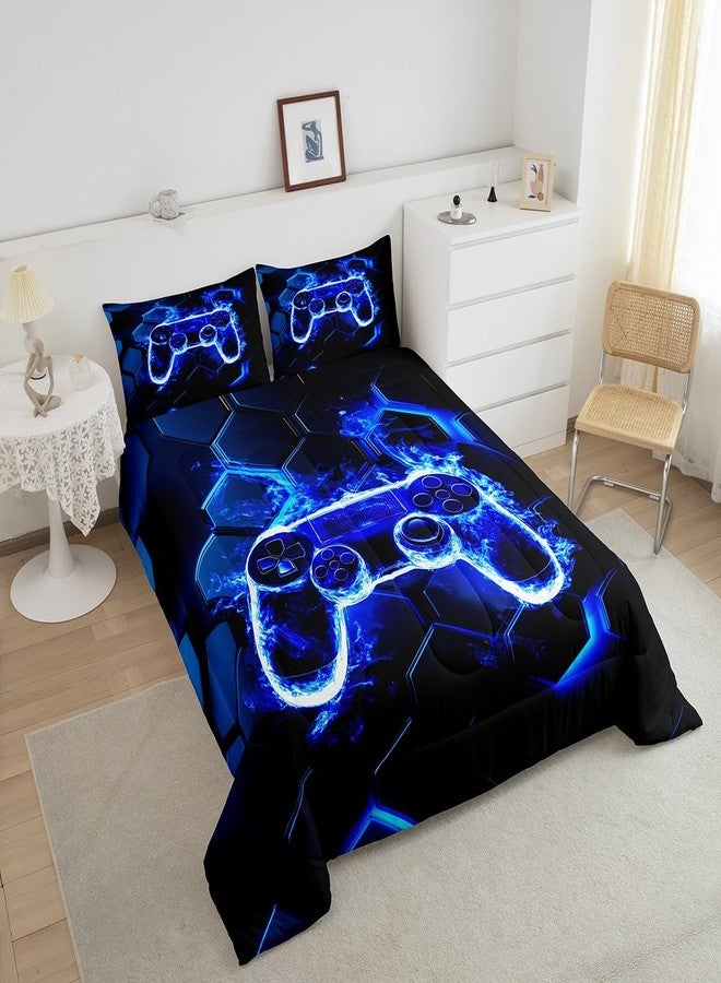 Feelyou Kids Boys Gamer Comforter Set Blue and Black Game Gaming Bedding Set King Size for Kids Teens Honeycomb Game Console Comforter - Image 3