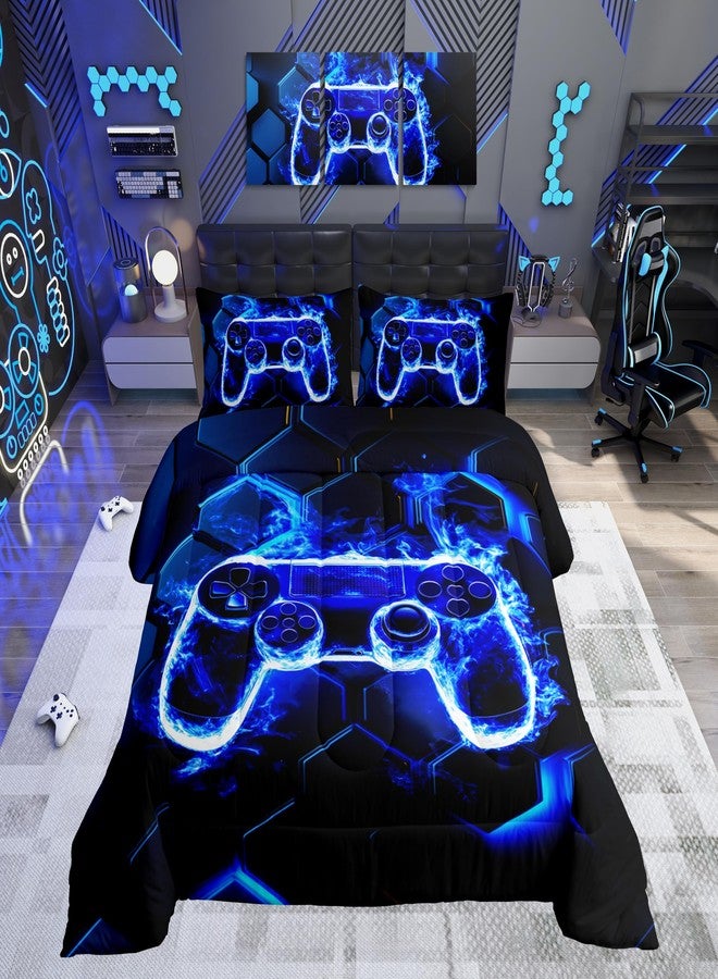 Feelyou Kids Boys Gamer Comforter Set Blue and Black Game Gaming Bedding Set King Size for Kids Teens Honeycomb Game Console Comforter - Image 1