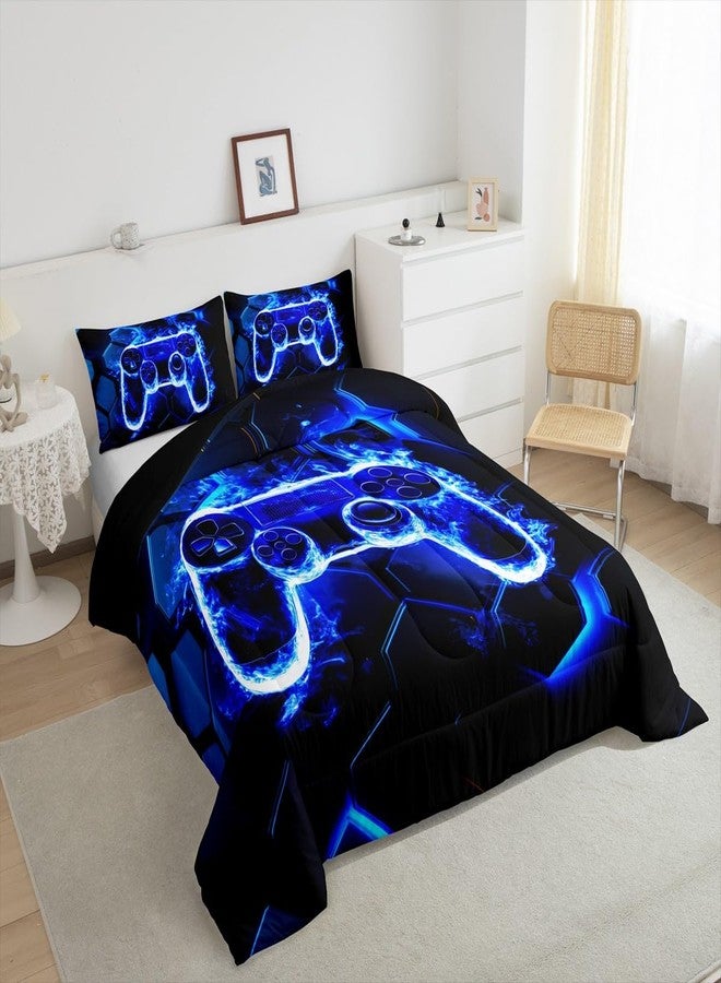 Feelyou Kids Boys Gamer Comforter Set Blue and Black Game Gaming Bedding Set King Size for Kids Teens Honeycomb Game Console Comforter - Image 4