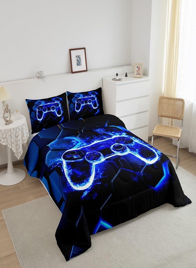 Feelyou Kids Boys Gamer Comforter Set Blue and Black Game Gaming Bedding Set King Size for Kids Teens Honeycomb Game Console Comforter - Image 2
