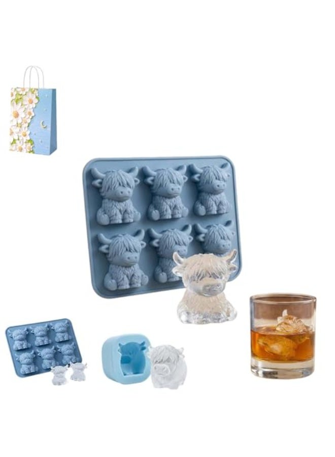 ECLux Mini Highland Cow Ice Cube Mold – Cute 3D Ice for Drinks, Parties & Gifts, Novelty Highland Cow Ice Mold, Funny Easter Icecube Tray Silicone Cow, Easy Release, for DIY Gift (Blue*6+1) - Image 1