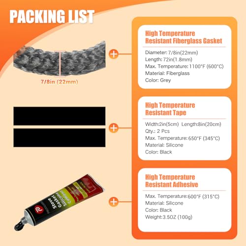 Protalwell Wood Stove Gasket, 7/8" Wood Stove Door Gasket Kit, Gasket Rope Replacement for Stove or Fireplace Doors, Grey Color Fiberglass Gasket - Image 2