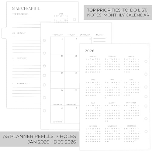 ZICOTO Beautiful 2026 Daily Planner Inserts for 7 Ring Binders – Durable A5 Paper Refill Set 5.5" x 8.3" - Refills Incl. Tabs & Monthly Calendar Spreads - From January 2026 - December 2026 - Image 4