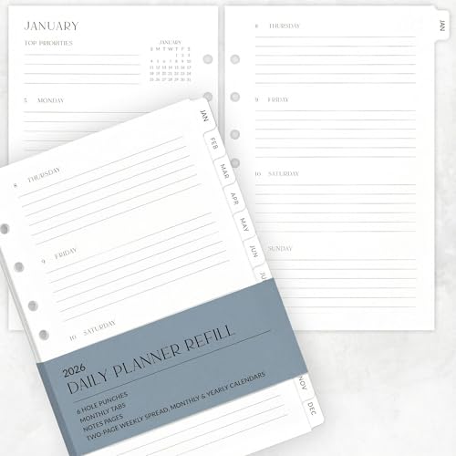 ZICOTO Beautiful 2026 Daily Planner Inserts for 7 Ring Binders – Durable A5 Paper Refill Set 5.5" x 8.3" - Refills Incl. Tabs & Monthly Calendar Spreads - From January 2026 - December 2026 - Image 1