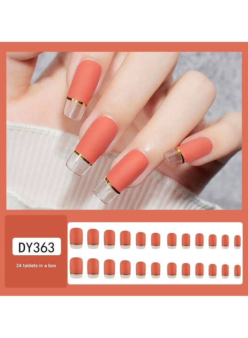 Goolsky Orange Jelly Gold Line Press On Nails – Sheer Autumn Pure Style Quick Wear False Nail Tips, 24pcs - Image 1
