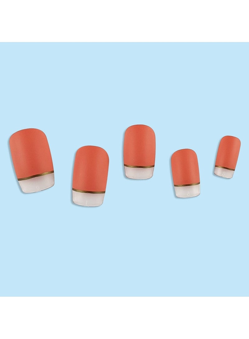 Goolsky Orange Jelly Gold Line Press On Nails – Sheer Autumn Pure Style Quick Wear False Nail Tips, 24pcs - Image 2