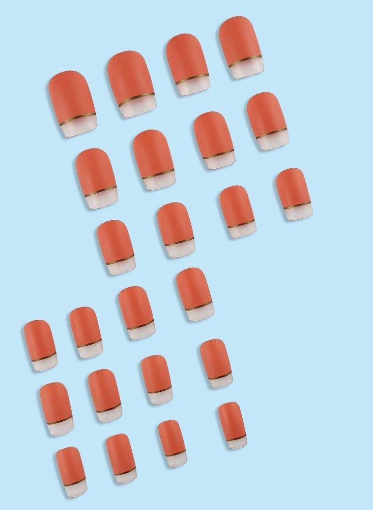 Goolsky Orange Jelly Gold Line Press On Nails – Sheer Autumn Pure Style Quick Wear False Nail Tips, 24pcs - Image 3