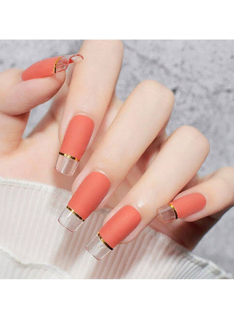 Goolsky Orange Jelly Gold Line Press On Nails – Sheer Autumn Pure Style Quick Wear False Nail Tips, 24pcs - Image 4