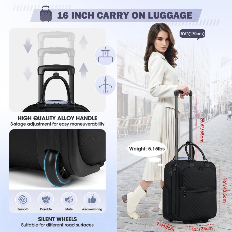 RAINSMORE Underseat Carry On Luggage with Wheels, 16-inch Airline Approved Luggage Lightweight Softside Underseater Travel Suitcases Durable Overnight Bag Rolling Carry-on Bag for Women Men, Black - Image 2