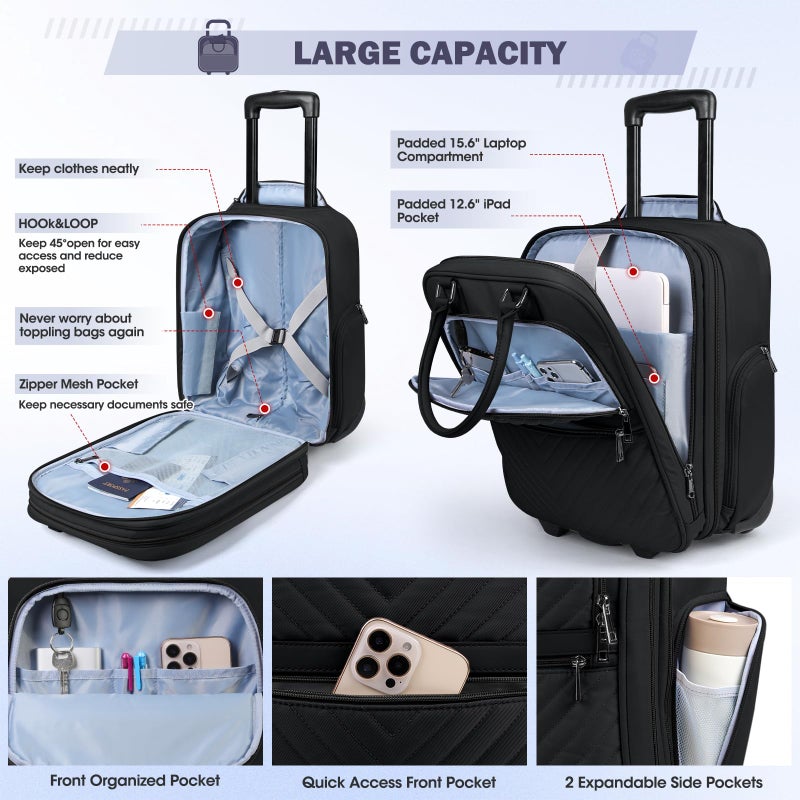 RAINSMORE Underseat Carry On Luggage with Wheels, 16-inch Airline Approved Luggage Lightweight Softside Underseater Travel Suitcases Durable Overnight Bag Rolling Carry-on Bag for Women Men, Black - Image 4