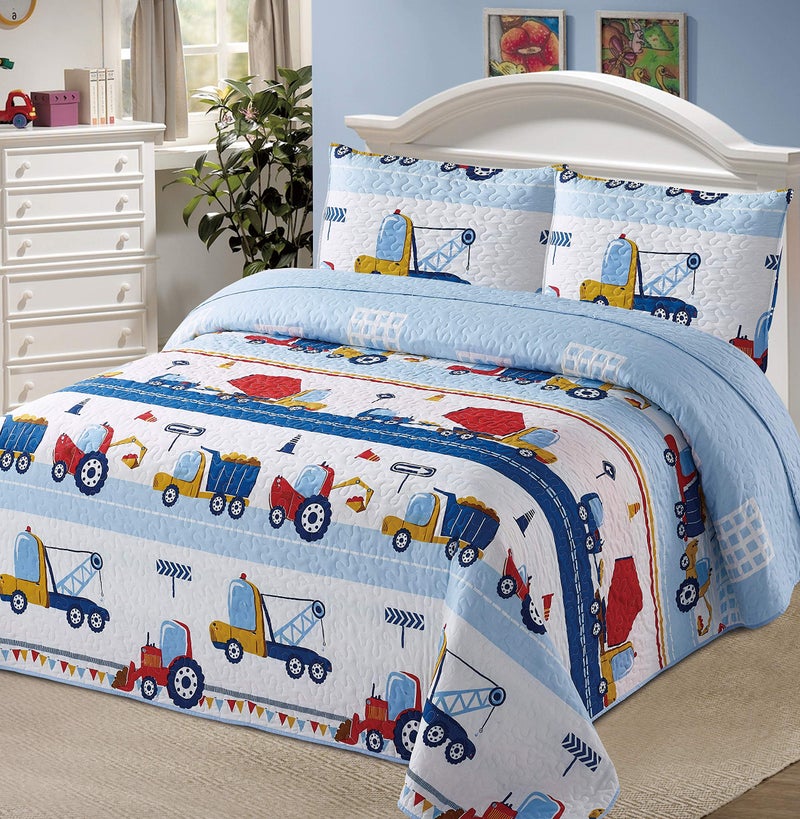 Better Home Style White Blue Red Construction Site KidsBoysToddler Coverlet Bedspread Quilt Set with Pillowcases and Tractor Dump Truck Cement Mixer and Excavator  Con Site QueenFull