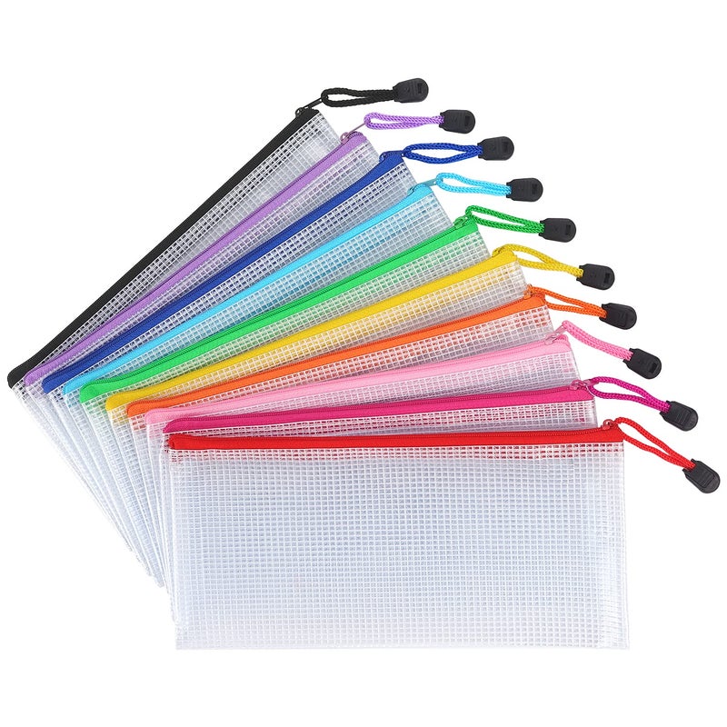 Tamaki 10 Pack Mesh Zipper Pouch Document Waterproof Zip File Bags Plastic Pencil Pouches A6 Size for Classroom Organization School Office Supplies(Colorful) - Image 1