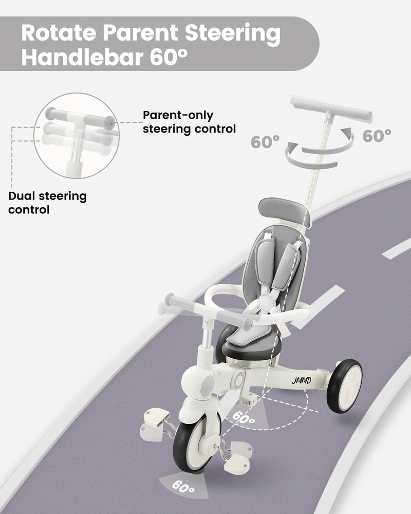 JMMD Baby Tricycle, 7-in-1 Multifunctional Kids Trike with Adjustable Parent Handle, Safety Harness & Wheel Brakes, Removable Canopy, Stroll Trike for Boys & Girls Ages 18 Months-5 Years, Gray - Image 3