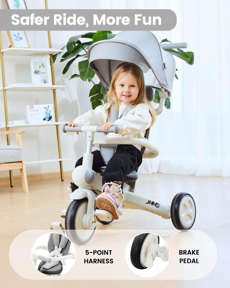 JMMD Baby Tricycle, 7-in-1 Multifunctional Kids Trike with Adjustable Parent Handle, Safety Harness & Wheel Brakes, Removable Canopy, Stroll Trike for Boys & Girls Ages 18 Months-5 Years, Gray - Image 5