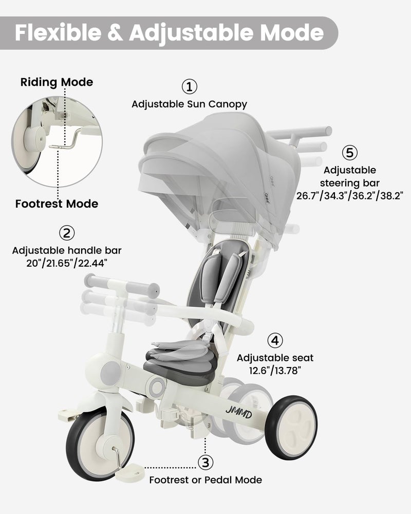 JMMD Baby Tricycle, 7-in-1 Multifunctional Kids Trike with Adjustable Parent Handle, Safety Harness & Wheel Brakes, Removable Canopy, Stroll Trike for Boys & Girls Ages 18 Months-5 Years, Gray - Image 4