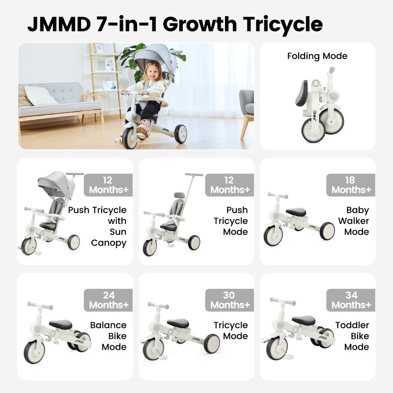 JMMD Baby Tricycle, 7-in-1 Multifunctional Kids Trike with Adjustable Parent Handle, Safety Harness & Wheel Brakes, Removable Canopy, Stroll Trike for Boys & Girls Ages 18 Months-5 Years, Gray - Image 2