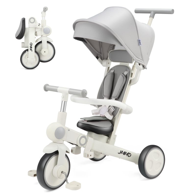 JMMD Baby Tricycle, 7-in-1 Multifunctional Kids Trike with Adjustable Parent Handle, Safety Harness & Wheel Brakes, Removable Canopy, Stroll Trike for Boys & Girls Ages 18 Months-5 Years, Gray - Image 1