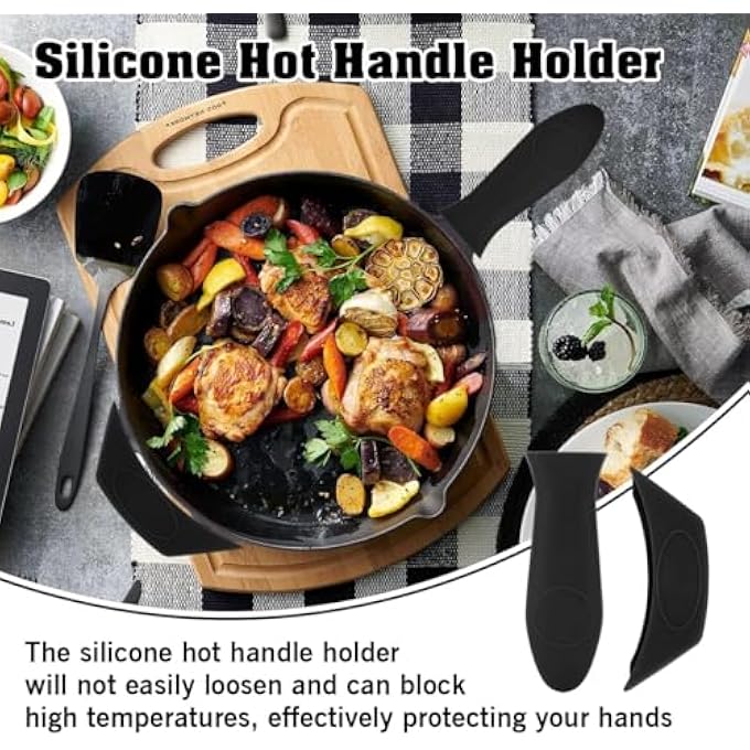 ريحني طقم حامل مقابض ساخنة من السيليكون الأسود مكون من قطعتين، غطاء مقبض مقلاة من الحديد الزهر المقاوم للحرارة، حامل مقبض لمقالي القلي المصنوعة من الحديد الزهر - Image 4
