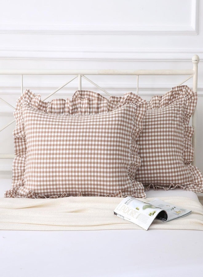 Silnuo Taupe/White Plaid Pillow Shams King Size Set of 2, Washed Cotton Shabby Checkered Gingham Bed Pillow Covers 20"x36" - Image 3