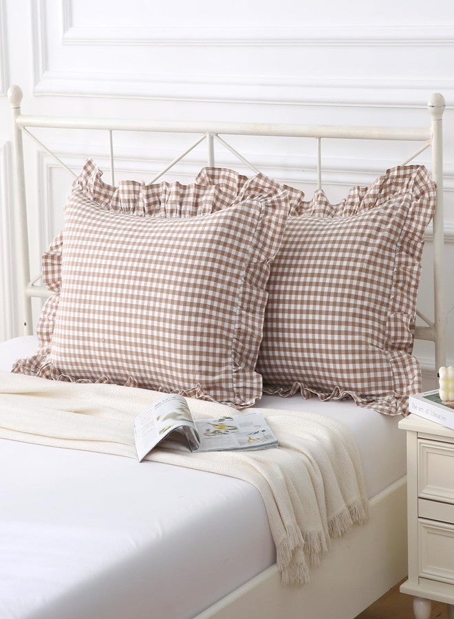 Silnuo Taupe/White Plaid Pillow Shams King Size Set of 2, Washed Cotton Shabby Checkered Gingham Bed Pillow Covers 20"x36" - Image 2