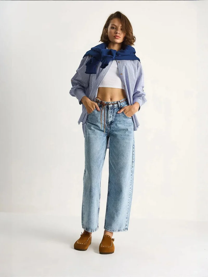 Bianco Lucci Light-Mid Blue Denim LUCCI Straight Leg Denim Pants with Drawstring Waist for Women | Best Price UAE