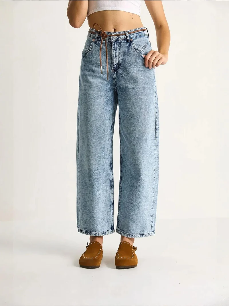 Bianco Lucci Light-Mid Blue Denim LUCCI Straight Leg Denim Pants with Drawstring Waist for Women | Best Price UAE