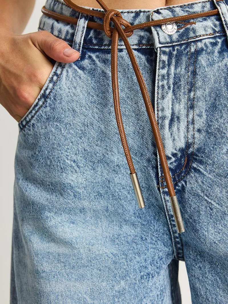 Bianco Lucci Light-Mid Blue Denim LUCCI Straight Leg Denim Pants with Drawstring Waist for Women | Best Price UAE
