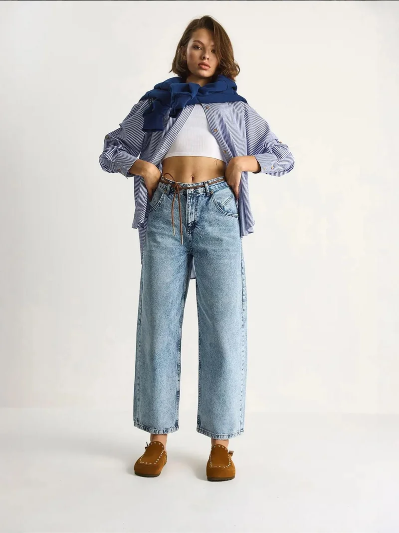 Bianco Lucci Light-Mid Blue Denim LUCCI Straight Leg Denim Pants with Drawstring Waist for Women | Best Price UAE