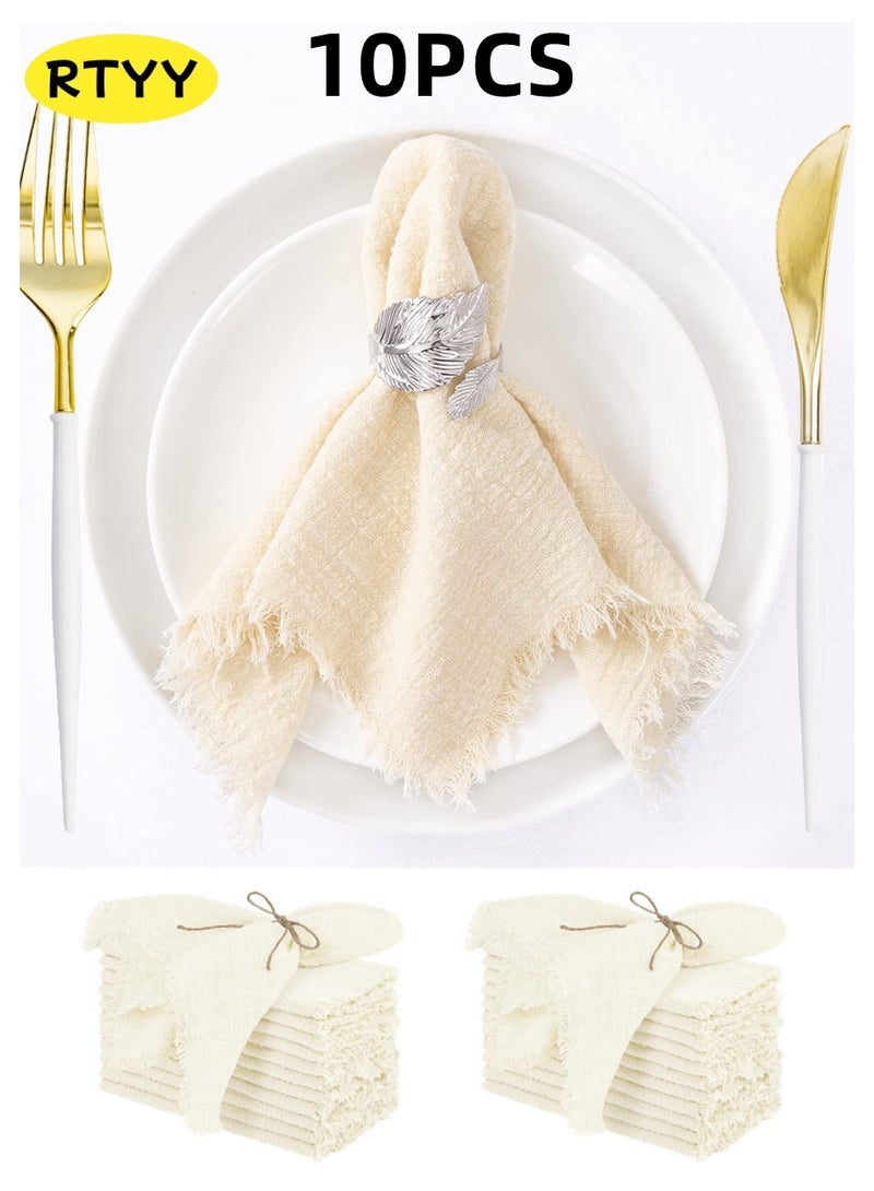RTYY 10 قطع من مناديل قماشية من القطن والكتان، مناديل قماشية مصنوعة يدويًا مع هامش من القماش الناعم المجعد، مناديل عشاء ريفية قابلة للغسل من القماش متعدد الاستخدامات مصنوعة يدويًا مربعة الشكل ذات هامش للعشاء وحفلات الزفاف والحفلات 32 × 32 سم - Image 1