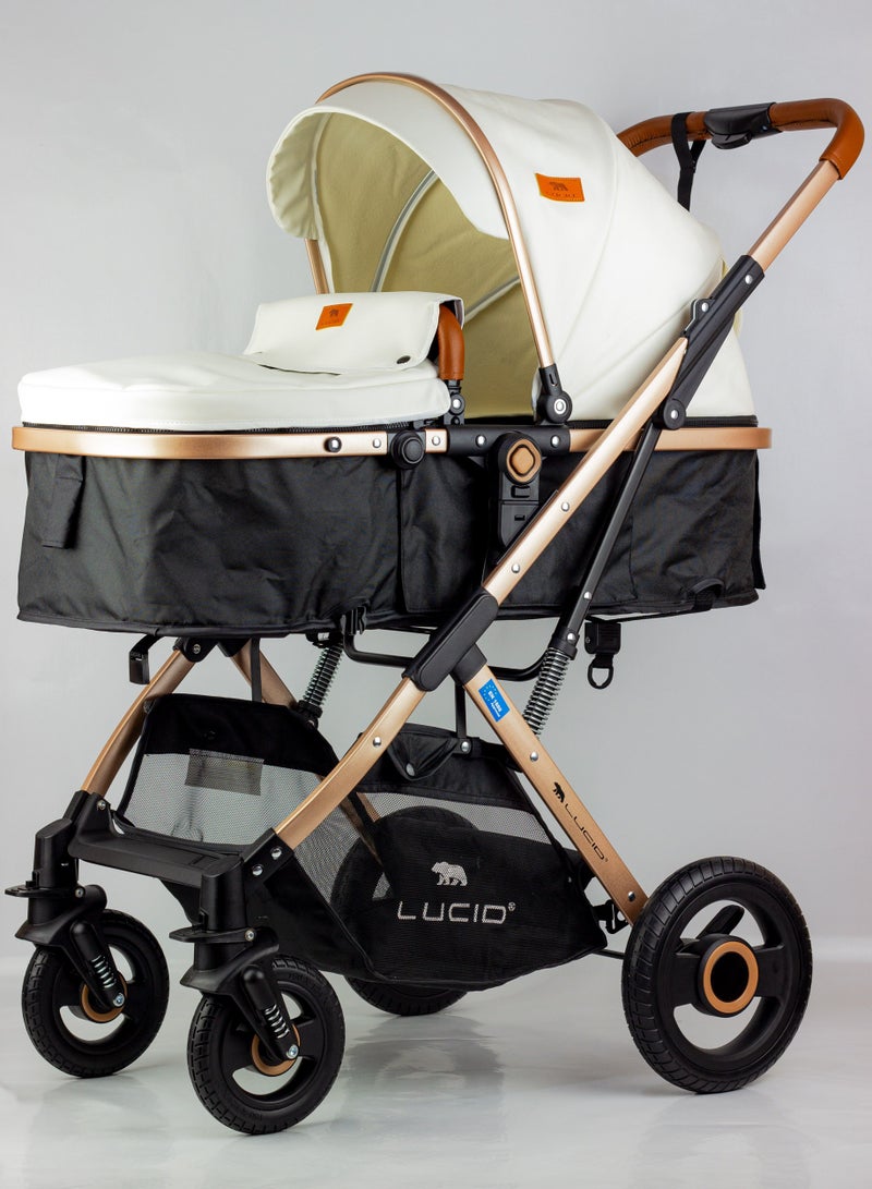 لوسيد عربة أطفال سينا، عربة أطفال فاخرة بمظلة وغطاء جلد من لوسيد أبيض - Image 1