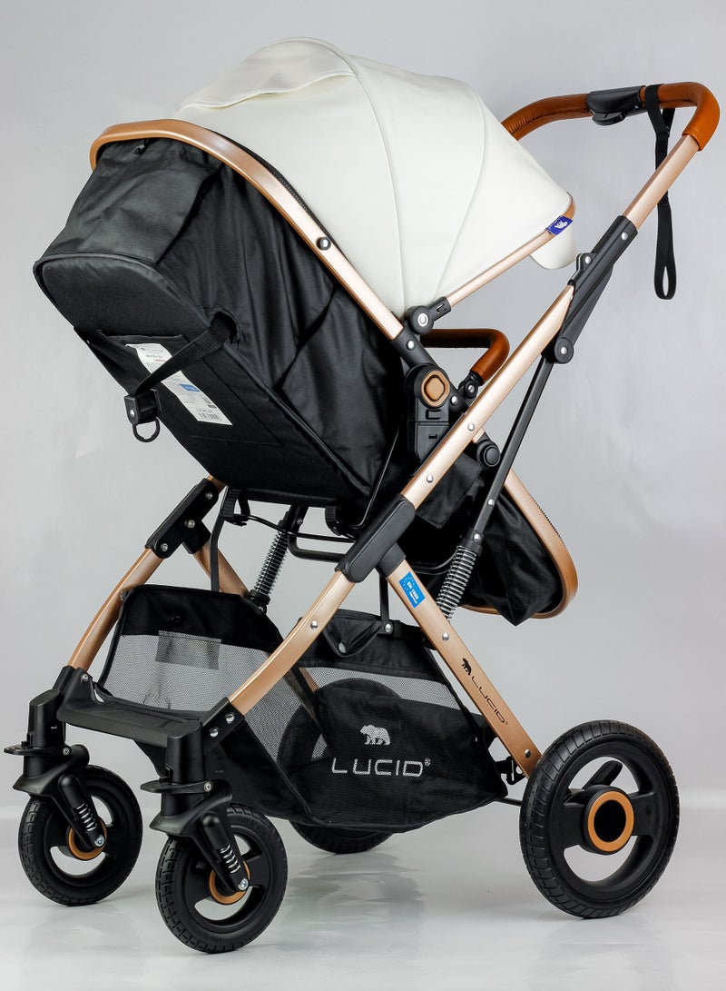 لوسيد عربة أطفال سينا، عربة أطفال فاخرة بمظلة وغطاء جلد من لوسيد أبيض - Image 3