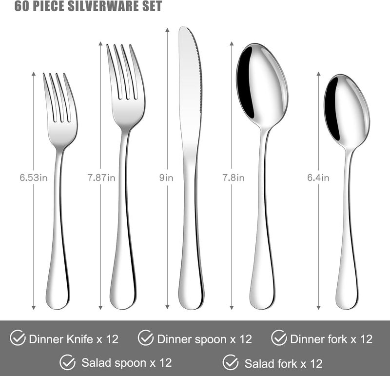 Compralo 60 Piece Silverware Set for 12, Stainless Steel Flatware Set Tableware Set Inculde Forks Knives Spoons, Mirror Polished Cutlery Set for Home Kitchen and Restaurant Party, Dishwasher Safe - Image 2