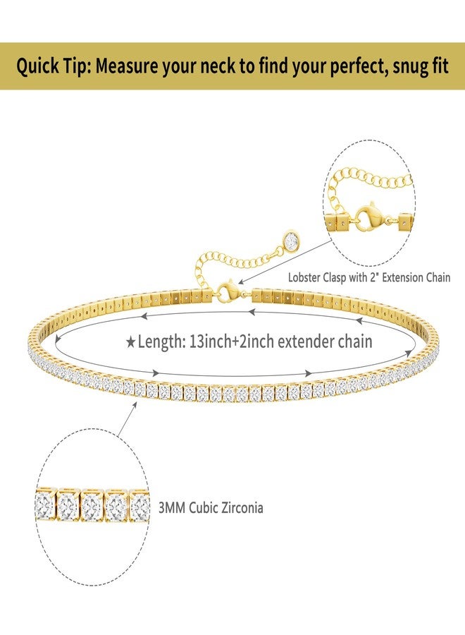 Robaice Tennis Necklace for Women, 14K Gold/Silver Plated Rhinestone Choker Necklace for Women, Dainty Cubic Zirconia Cut Faux Diamond Chain, 15 inches long, 3mm wide, Brass, Cubic Zirconia - Image 5