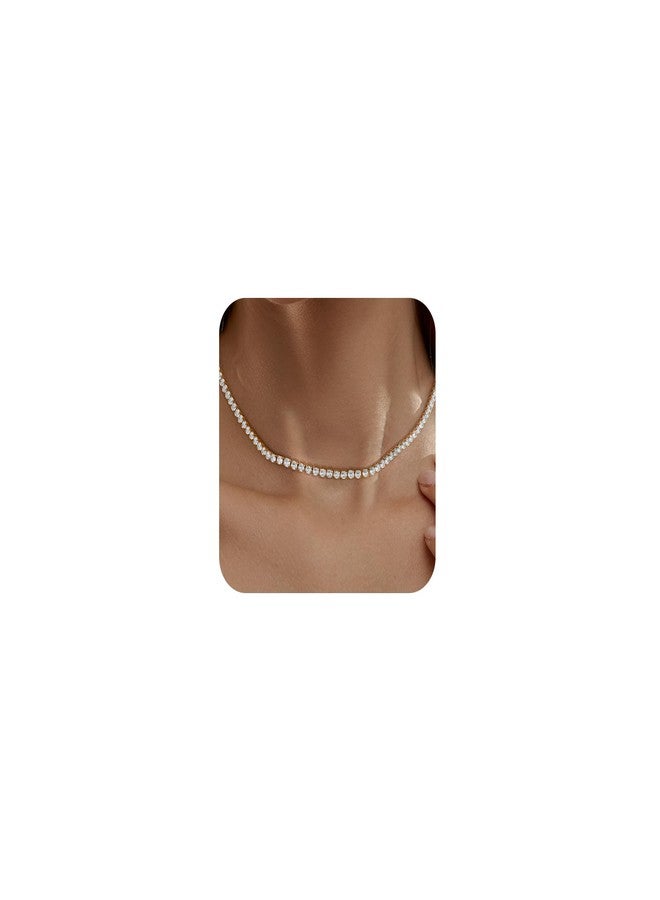 Robaice Tennis Necklace for Women, 14K Gold/Silver Plated Rhinestone Choker Necklace for Women, Dainty Cubic Zirconia Cut Faux Diamond Chain, 15 inches long, 3mm wide, Brass, Cubic Zirconia - Image 1