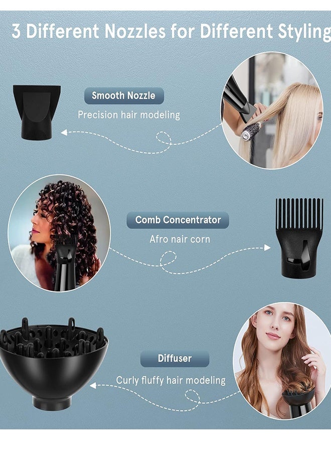 MTSOVIV Hair Dryer, 3 Heating/3 Speed/Cold Fast Drying Low-Noise Hairdrier, Salon Professional Hair Dryer with Diffuser/Nozzle/Comb/etc (Black) - Image 3