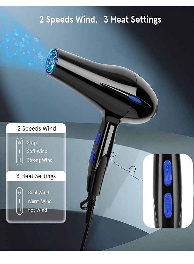 MTSOVIV Hair Dryer, 3 Heating/3 Speed/Cold Fast Drying Low-Noise Hairdrier, Salon Professional Hair Dryer with Diffuser/Nozzle/Comb/etc (Black) - Image 5