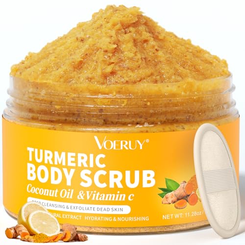 VOERUY Body Scrub, Turmeric Exfoliating Body Scrub, with Coconut Oil & Vitamin C, Bikini Area Exfoliator Gently Exfoliate Body Hand and Foot Scrub, Moisturized Skin for Women and Men, 11.28oz/320g - Image 1